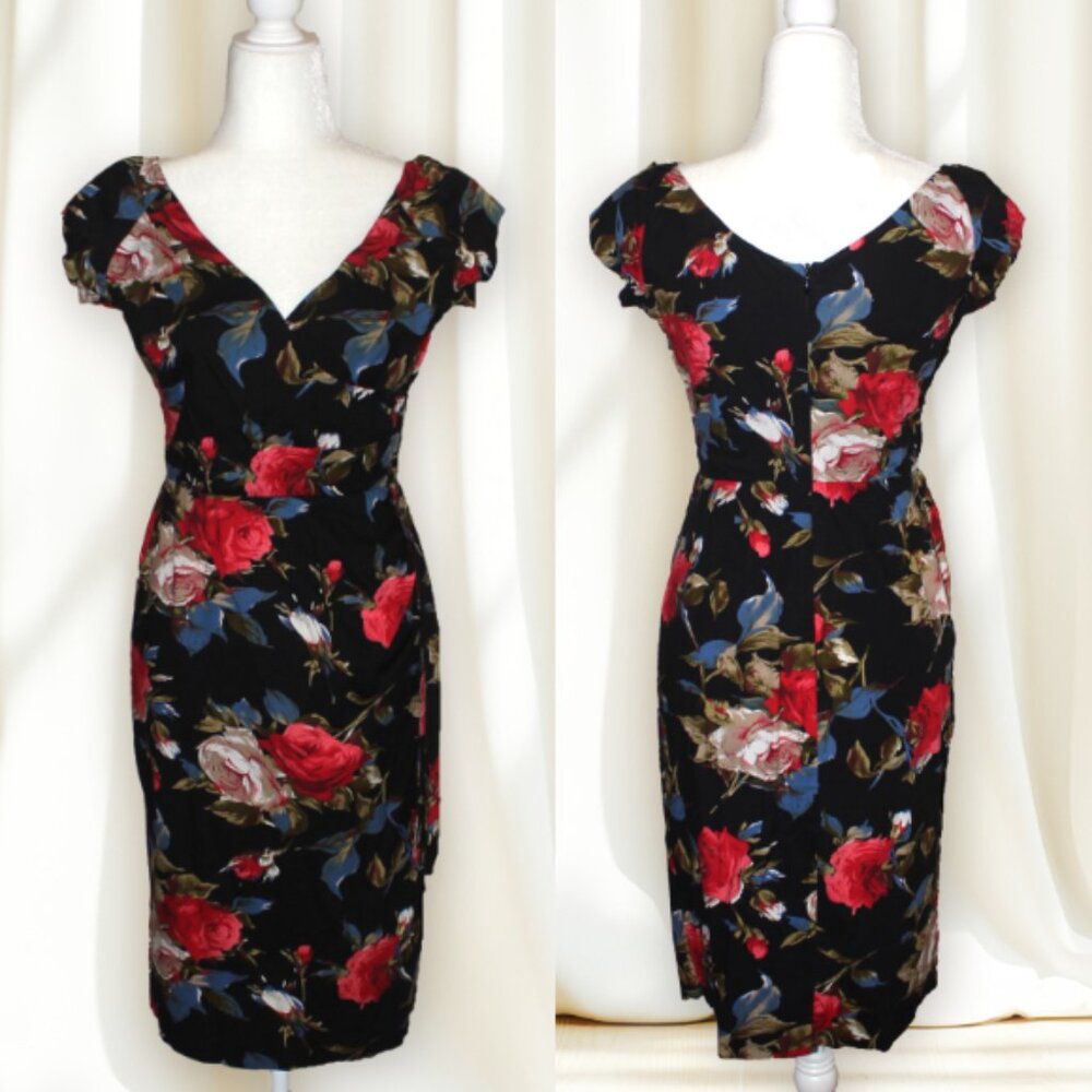 The Pretty Dress Company Black Red Floral Cap Sleeve Pencil Dress UK 14 US 10